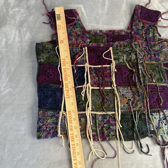 Handmade Granny Square Crochet Boho Top OverSize Square Neck Fringe Festival - Picture 6 of 9